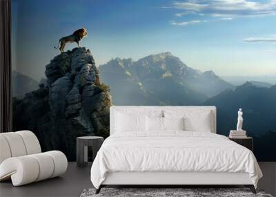 a lion standing atop a mountain peak, surveying the landscape below, symbolizing the idea of dominance and superiority in the competitive market landscape achieved through strategic marketing efforts Wall mural