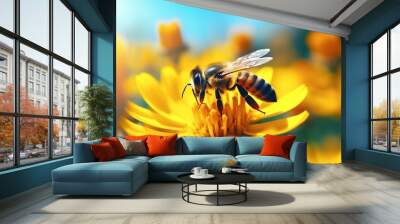 Honey bee and beautiful yellow flower, spring summer season, Wild nature landscape, banner, beauty in Nature. Honey bee on yellow flower collect pollen. Wild nature landscape, banner. Wall mural