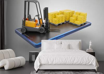 Forklift truck and cardboard box on pallet set on screen of smartphone. Cargo in warehouse to prepare for delivery by transporting to destination. Concept of online shopping and logistics. 3D render. Wall mural