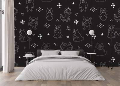 Cute monsters seamless pattern. Cartoon monsters background. Vector illustration Wall mural