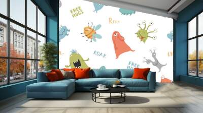 Cute monsters seamless pattern. Cartoon monsters background. Vector illustration Wall mural