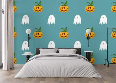 Halloween seamless pattern design. Cute cartoon pumpkin and ghost, holiday background, vector illustration Wall mural