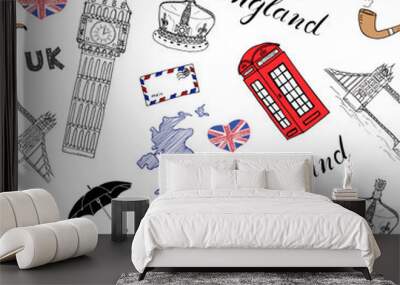 london city doodles elements seamless pattern. with hand drawn tower bridge, crown, big ben, red bus Wall mural