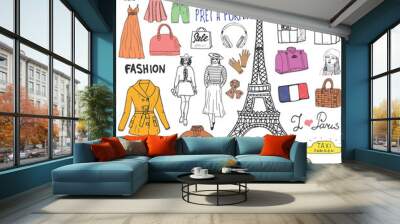 Paris doodles elements. Hand drawn set with eiffel tower, taxi triumf arch, models and facion elements, cat and french bulldog. Drawing doodle collection, isolated on white Wall mural