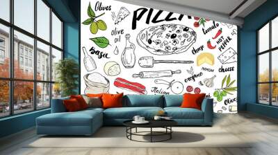 pizza menu hand drawn sketch set. pizza preparation design template with cheese, olives, salami, mus Wall mural