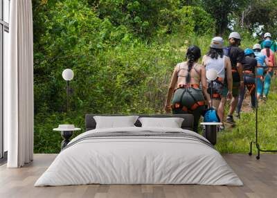 group of hikers with harness and helmet surrounded by vegetation and green nature in Costa Rica Wall mural