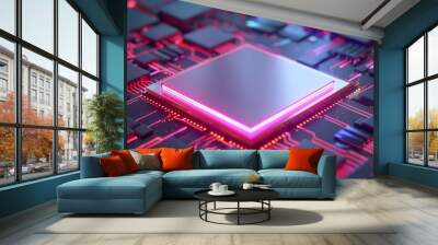 Circuit Board with Glowing Processor Wall mural