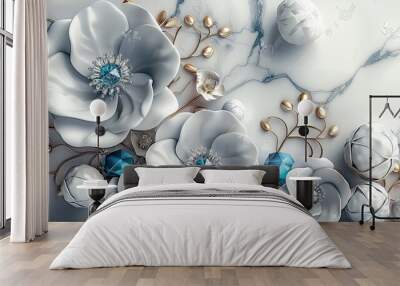 A dense field of delicate white and blue flowers with blue centers, creating a soft and even horizontal surface ideal for showcasing an object in a natural setting. Wall mural