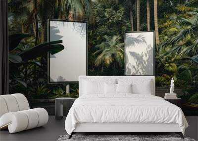 A photo of two vertical blank white street billboards with no text on the streets surrounded by tropical plants and trees, greenery. Wall mural