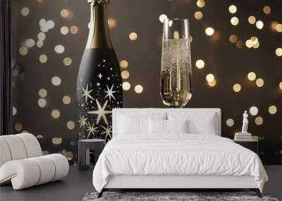 bottle and glass with sparkles Wall mural