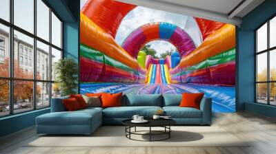 Close up of a colorful inflatable bouncy castle with a horizontal tube in the park, with no people present. Wall mural