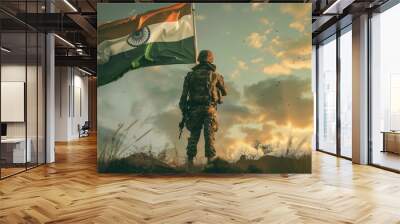 Indian soldier with national flag. Independence day concept, 15th August Wall mural