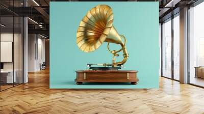 Vintage golden gramophone with old style wooden disc player on turquoise background. Retro music concept. 3d rendering illustration, Isolated on pastel background Wall mural