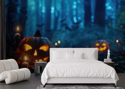 Halloween pumpkins in the forest with candles and fog on a blue background, a night scene, a spooky Halloween concept with glowing jack o' lanterns, Wall mural