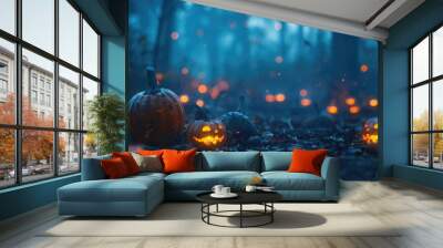 Halloween pumpkins in the forest with candles and fog on a blue background, a night scene, a spooky Halloween concept with glowing jack o' lanterns, Wall mural