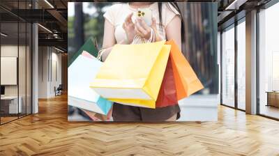 Young beautiful Asian woman is enjoying her shopping. Wall mural