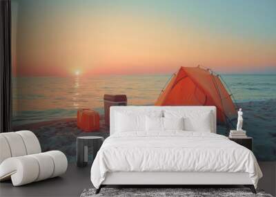 The beach camping scene at sunset. Wall mural