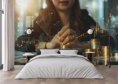 A businesswoman analyzing a lucrative investment report on her desk, with gold coins and financial graphs indicating high profitability. Wall mural