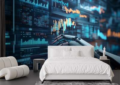 A complex chart of financial data with robotic hands adjusting digital elements in a virtual space Wall mural