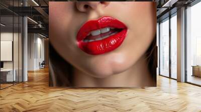 A close-up of a woman's attractive lips with red lipstick. Wall mural