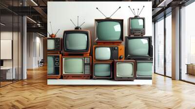 A collection of old televisions stacked up on top of each other. Wall mural