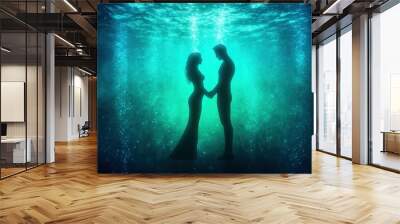 A couple is holding hands in the water. The image is of a couple in a blue ocean Wall mural