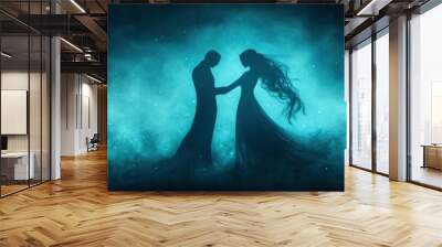 A couple is holding hands in the water. The image is of a couple in a blue ocean Wall mural