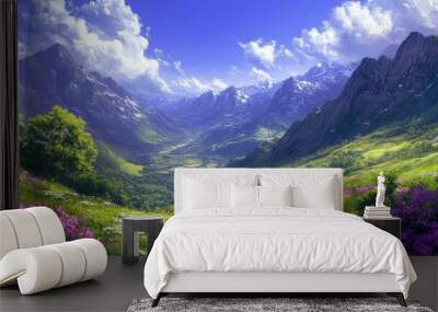 A stunning mountain valley scenery Purple-themed desktop wallpaper with a scenic art background of a natural scene Wall mural