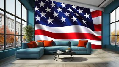 Colorful illustration of waving American flag with stars and stripes on a clear day Wall mural