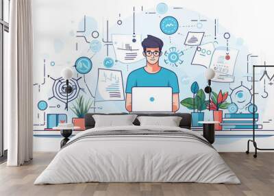 depicting the e - learning and online study concept. It showcases a student sitting at a desk, laptop in front, engrossed in an online class, Generative AI Wall mural