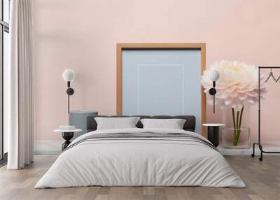 Stylish and elegant mockup featuring a wooden square picture frame with a delicate pale pink peony Wall mural