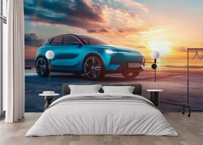 Blue compact SUV car with sport and modern design parked on concrete road by sea beach at sunset. New shiny SUV car drive for travel on summer vacations with road trip. Front view of electric car 4k 
 Wall mural