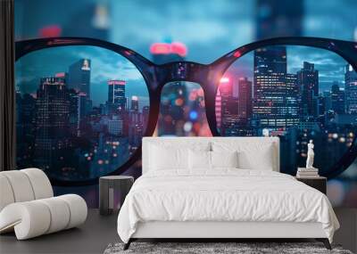 Modern bright city view through eye glass Wall mural