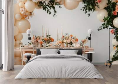 Peach dining set surrounded by ivory balloons and matching flowers, wide view. Wall mural