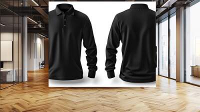 Blank template mens black polo shirt long sleeve, front and back view, isolated on white background with clipping path. Design sweatshirt mockup for print  Wall mural