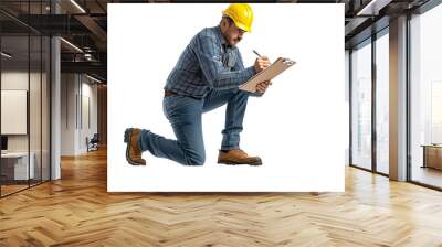 Full length portrait of a male engineer leaning on solar cell panel and holding a clipboard isolated on white background  Wall mural