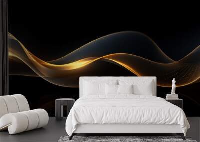 Golden line of motion tech digitals background. Golden wave glowing backdrop. Yellow line graphic art pattern on the black background. The effect movement of the curve designed for power technology Wall mural