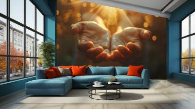 Human hands open palm up worship. Eucharist Therapy Bless God Helping Repent Catholic Easter Lent Mind Pray. Christian Religion concept background. fighting and victory for god Wall mural