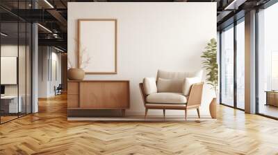 Modern composition of living room interior with brown mock up poster frame, design retro commode, sofa, bookstand, rattan basket with plant and elegant accessories. Template. Stylish home staging Wall mural