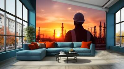 Silhouette engineer standing orders for construction crews to work on high ground heavy industry and safety concept over blurred natural background sunset pastel  Wall mural