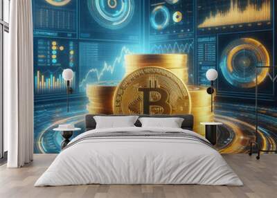 Gold Bitcoin crypto currency on background of chart diagram. generative Ai  Wall mural