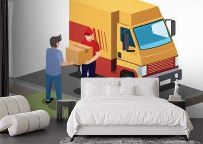 isometric courier with parcels and delivery van. Express mail courier delivery services. worker holding cardboard box in hands send to customer Wall mural