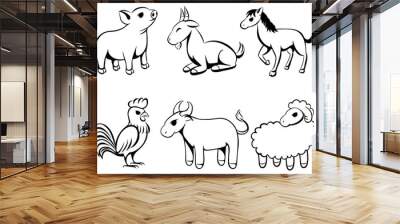 Set of six line art cartoon vector images of various farm animal There are pigs goats horses chickens cows and sheep Wall mural