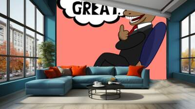 Vector illustration of a brown funny face  Komodo dragon.  It wears suit and sitting on a blue chair. It is smiling and Compliment by saying 