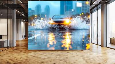 A car navigating through a flooded city street, creating splashes in the rain, with city lights illuminating the scene. Wall mural