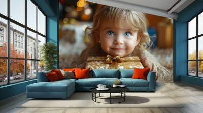 A child excitedly unwrapping a gift box, discovering a new toy Wall mural