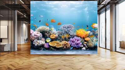 A close-up of a vibrant, untouched coral reef teeming with diverse marine life, showcasing the intricate beauty and biodiversity of unspoiled underwater ecosystems. Wall mural