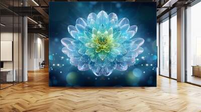 A colorful digital artwork featuring an intricate mandala pattern in various shades of blue and green. List of Art Media: Photograph inspired by Spring magazine. Wall mural