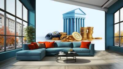 A conceptual representation of digital banking with coins, cryptocurrency, and a bank building depicting financial evolution. Wall mural