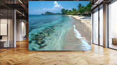 A pristine beach with clear blue water and no litter, exemplifying environmental cleanliness List of Art Media Photograph inspired by Spring magazine Wall mural